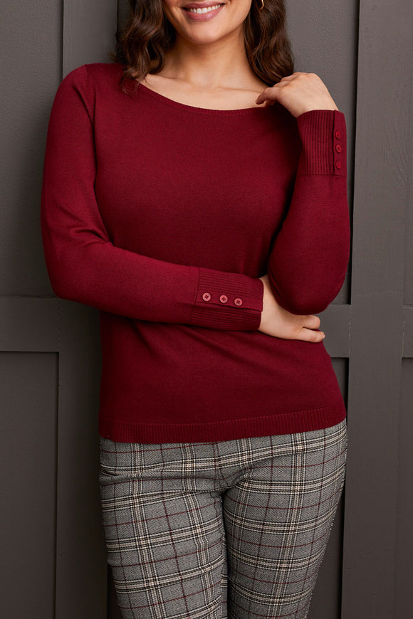 Sweater - Boat Neck with Button Sleeve (Bordeaux)