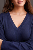 Sweater - Long Sleeve V-Neck with Cable Knit Detail (Sapphire)