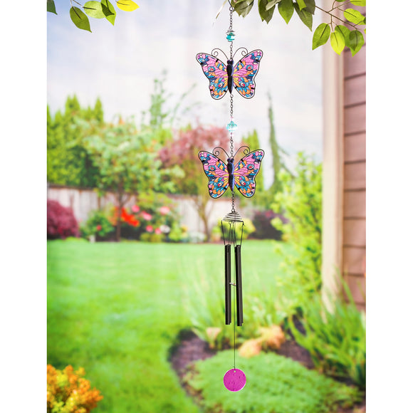 Wind Chime - Stained Glass Tiered Butterfly (Pink)