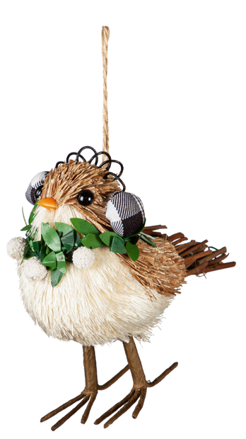 Ornament - Sisal Bird with Wreath & Earmuffs (Black and White)