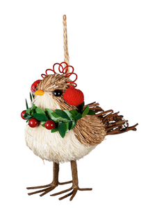 Ornament - Sisal Bird with Wreath & Earmuffs (Red)