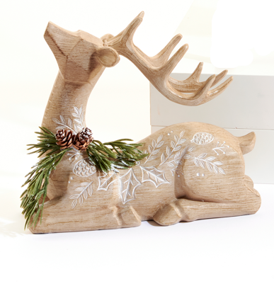 Reindeer Figurine - Sitting with Greens & Pinecone