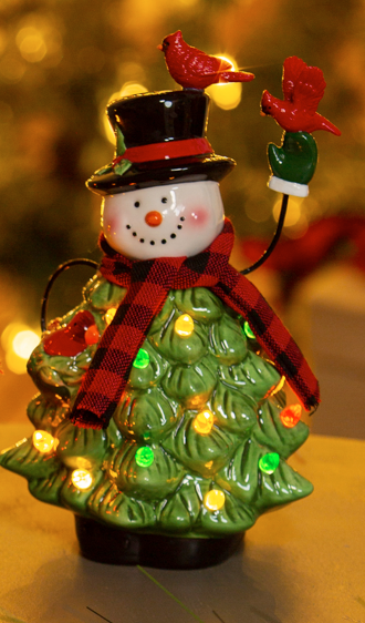 Snowman Tree - Ceramic with Cardinals (Small)