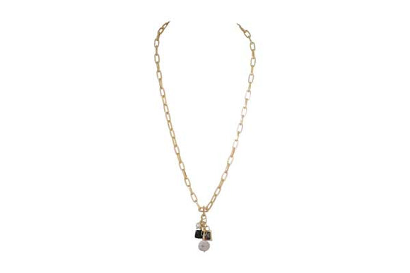 Necklace - Gold Freshwater Pearl Black Agate & Diamond