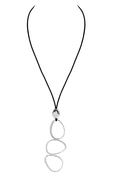 Necklace - Black Leather with Hammered Silver Circles