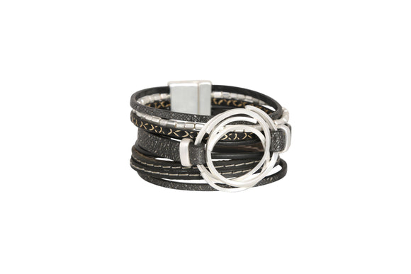 Bracelet - Magnetic Black Leather and Matte Silver
