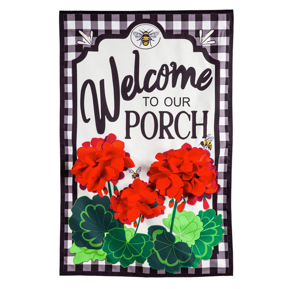 Garden Flag - Welcome to our Porch Geraniums