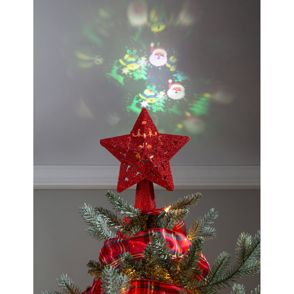 Tree Topper - Red Glitter Star with LED Projection