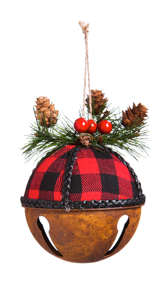 Ornament - Plaid/Metal Bell with Holly (Red)