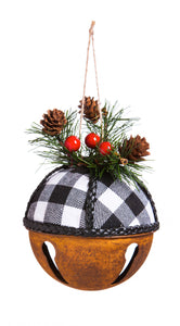 Ornament - Plaid and Metal Bell with Holly (White)