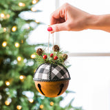 Ornament - Plaid and Metal Bell with Holly (White)