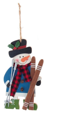 Ornament - Snowman Wooden with Skis (Blue)