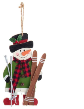 Ornament - Snowman Wooden with Skis (Green)