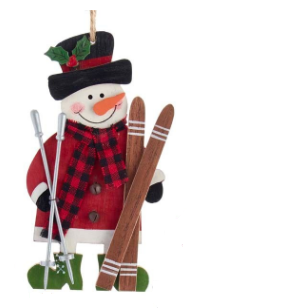 Ornament - Snowman Wooden with Skis (Red)