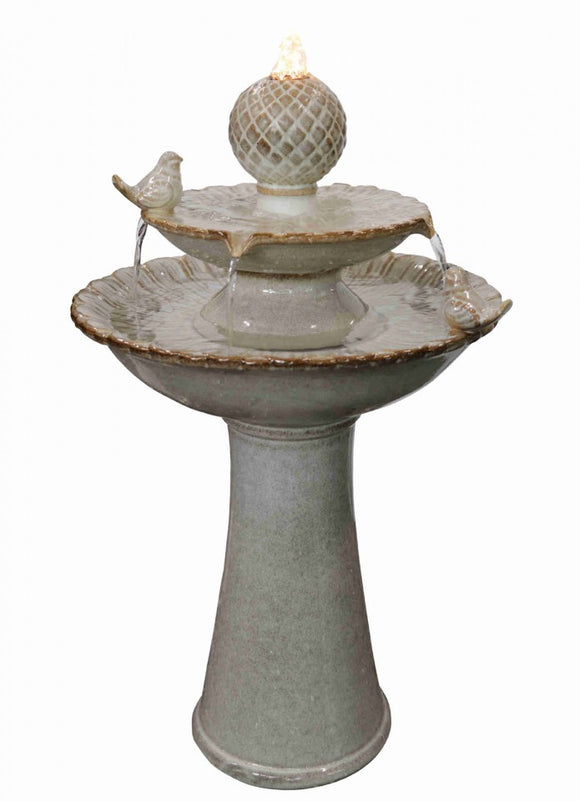 Outdoor Fountain - 3 Tier Glazed with Bird (Cream)