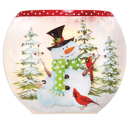 Oval Vase - Lit Snowman with Chickadee and Cardinals