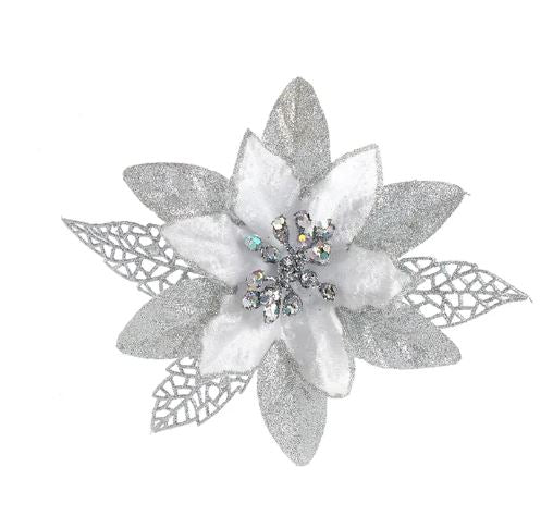 Ornament - Clip on Flower (Silver and White)