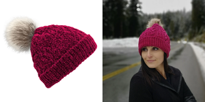 Pom Pom Hat - Cable Knit Chenille Raspberry