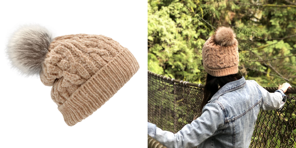 Pom Pom Hat - Cable Knit Chenille Sand