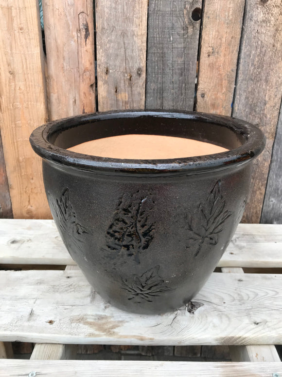 Pot - Dark Brown With Leaf Pattern (Medium)