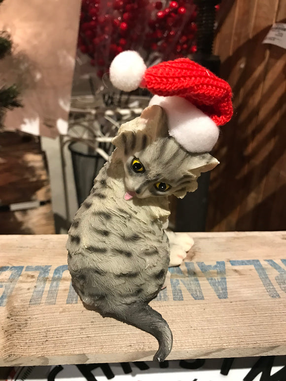 Ornament - Grey Cat with Santa Hat