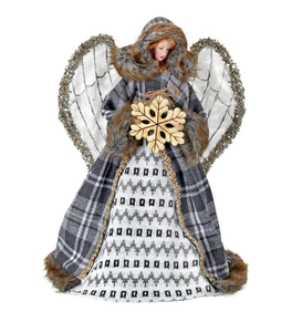 Angel - Grey Plaid with Wood Snowflake 17"