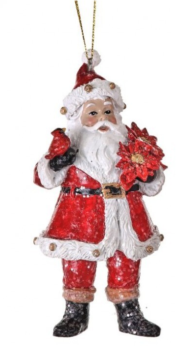 Ornament - Santa with Cardinal and Poinsettias