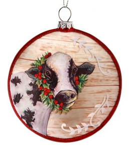 Ornament - Disc Cow with Holly Wreath