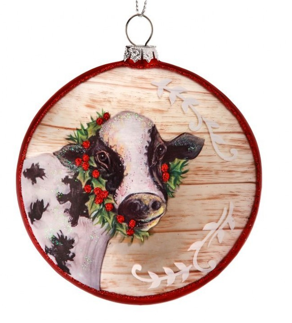 Ornament - Disc Cow with Holly Wreath