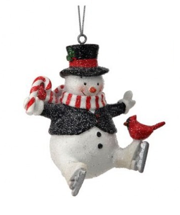 Ornament - Snowman Skating with Cardinal (Candy cane)