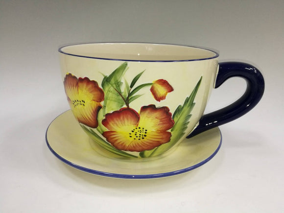 Cup & Saucer Planter - Red Flowers